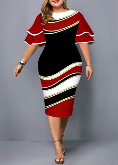 Plus Size Layered Bell Sleeve Geometric Print Dress