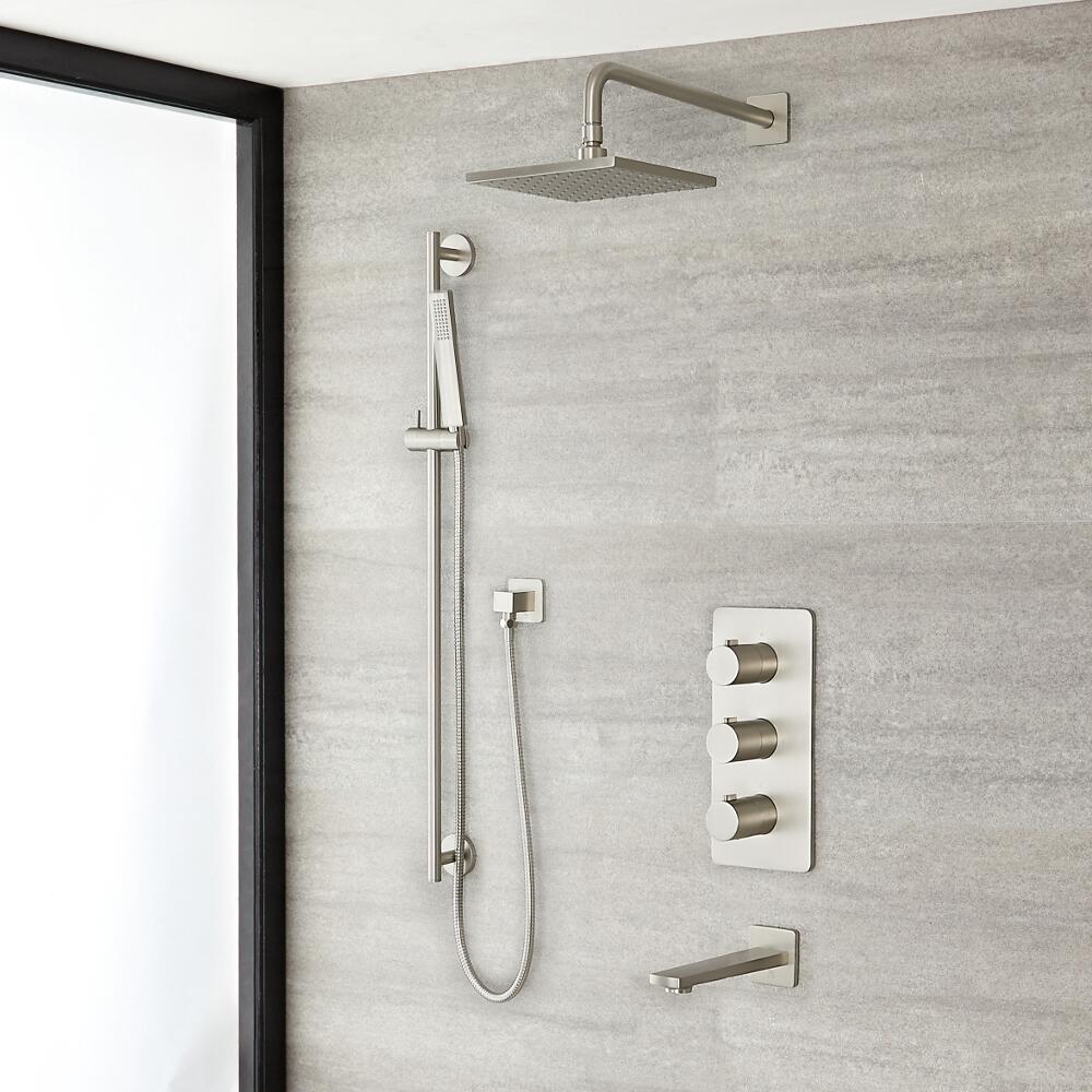Conjunto de Ducha con Mezclador de Ducha Termostático Triple de 3 Funciones con Alcachofa de Ducha Cuadrada de 200mm, Barra de Ducha Deslizante con Telefonillo y Llenador de Bañera Color Níquel Cepillado - Harting