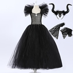 Witch Maleficent Dress Theme Party Costume Girls' Movie Cosplay Cosplay Costume Party Black Dress Sleeves Headwear Children's Day Masquerade Organza Lightinthebox
