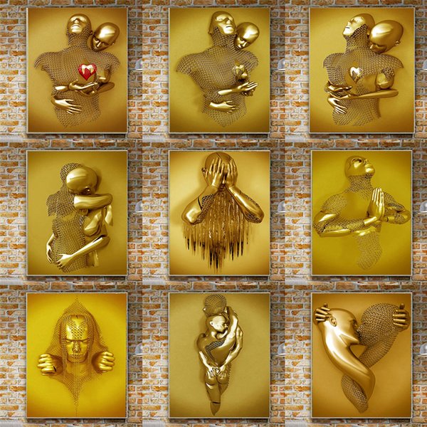 Golden Modern Lovers Sculpture Canvas Painting Metal Couple Posters and Prints Wall Art Pictures for Living Room Home Decoration
