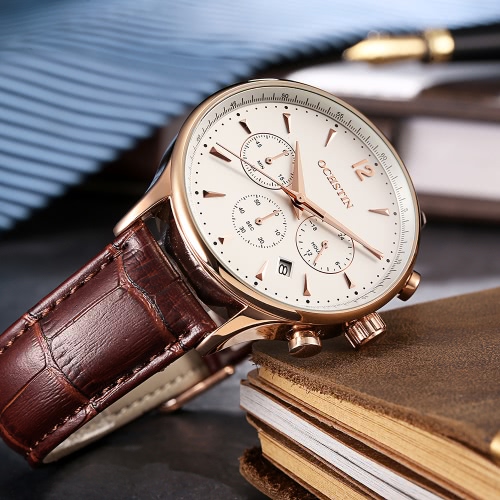 OCHSTIN New Luxury Brand Genuine Leather Men Business Watch Quartz Analog Water-Proof Mans Wristwatch Chronograph Calendar + Box