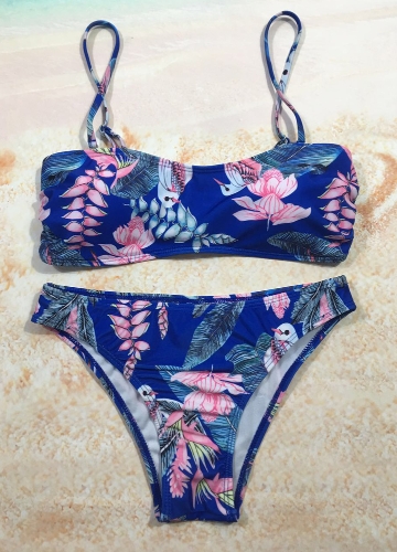 Sexy Women Bikini Set Floral Print Bandage High Cut Low Waist Padded Two Piece Swimsuit Swimwear
