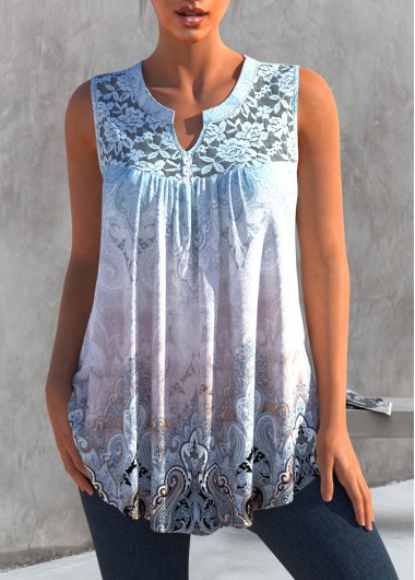 Lace Stitching Tribal Print Split Neck Tank Top
