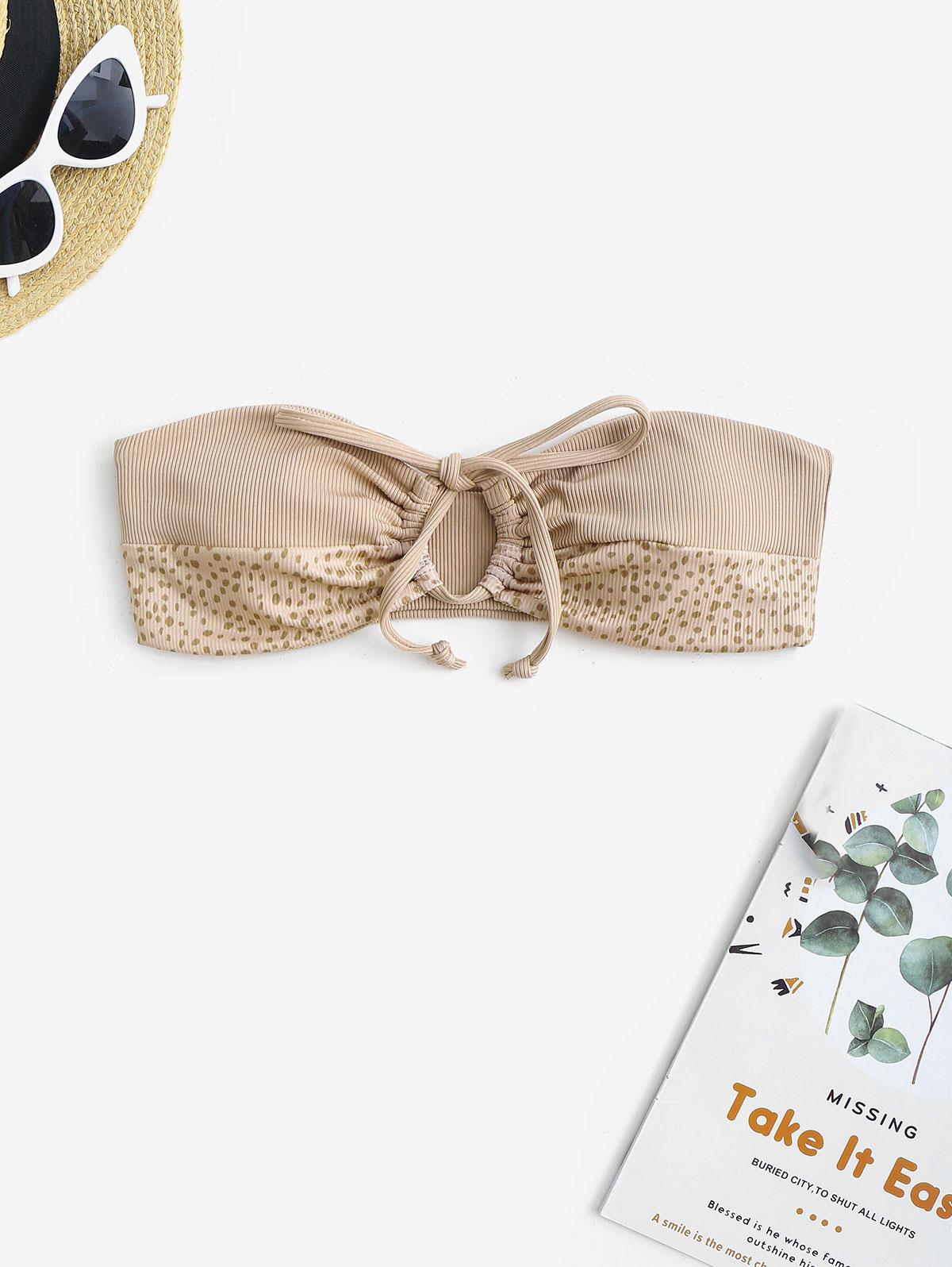 Bikini Bandeau Top con Estampado de Leopardo Acanalado M Café luz