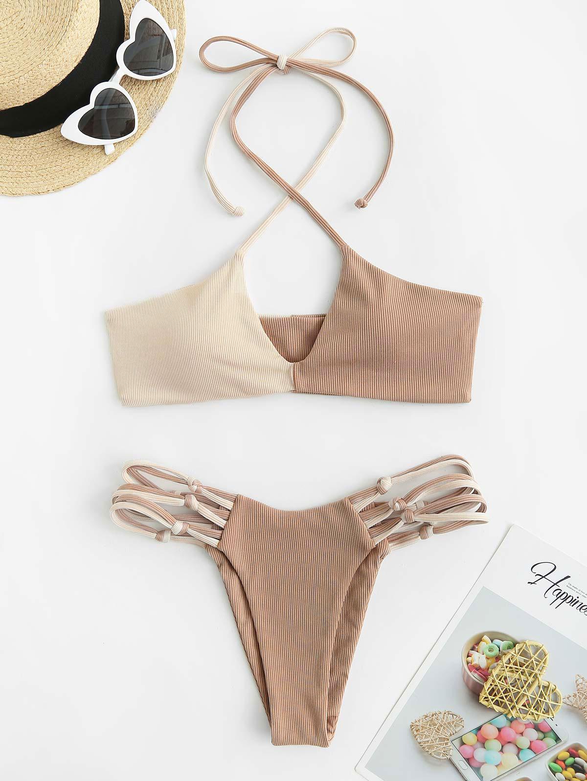 ZAFUL Criss Cross Halter Knotted Strappy Two Tone Bikini Swimwear M Light coffee