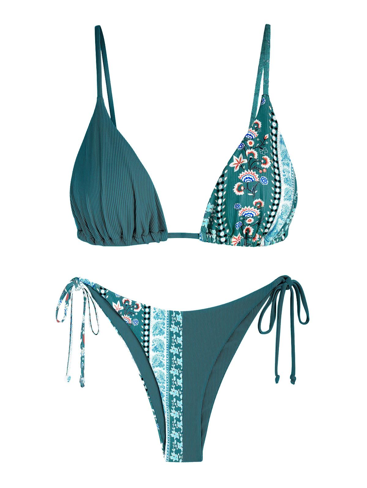 ZAFUL Ribbed Boho Printed String Bikini Swimwear M Deep green