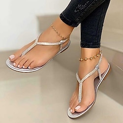 Women's Sandals Boho Bohemia Beach Flip-Flops Sparkly Sandals Daily Flat Sandals Summer Flat Heel Open Toe PU Loafer Black Silver Gold Lightinthebox