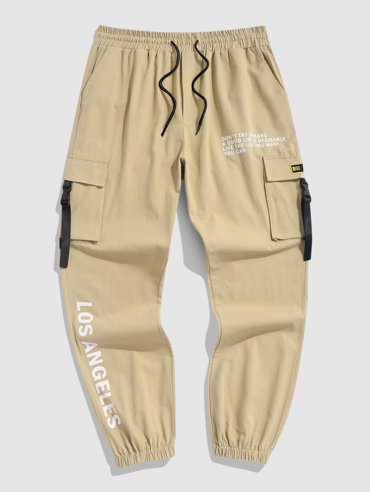 ZAFUL Men's ZAFUL LOS ANGELES Slogan Pattern Multi-pocket Buckle Tape Design Cargo Pants L Light coffee