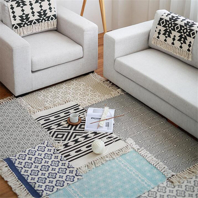 Retro Carpet Rug Cotton Tassels Yarn Dyed Table Ruuner Bedspread Tapestry Home Decoration For Sofa Living Room Bedroom
