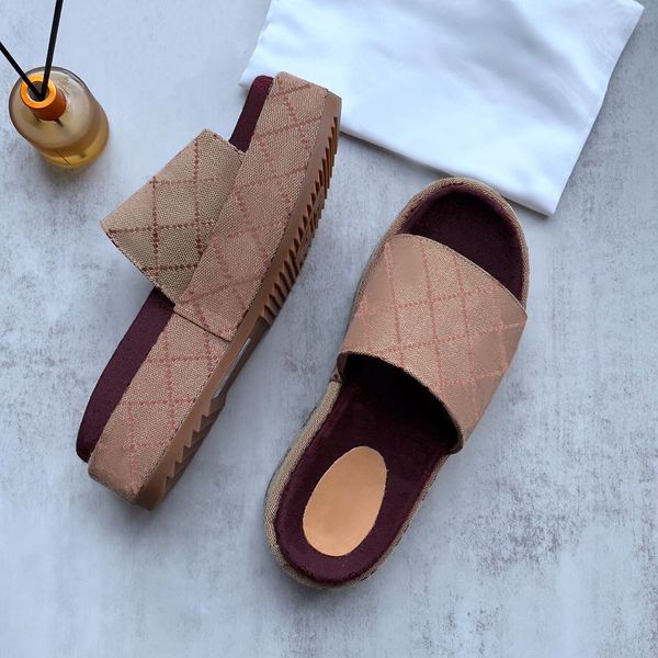 Designer Slippers Womens Fashion Embroidered Canvas Slides Sandals Girls 60mm Platform Slipper Brown White Black Slip Flops Beach Slide Men Sandal