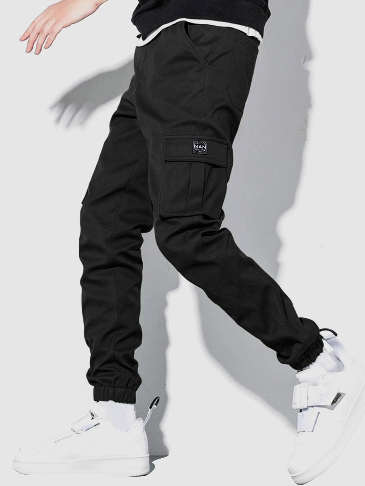 ZAFUL Men's ZAFUL Solid Color Pockets Beam Feet Streetwear Cargo Pants L Black