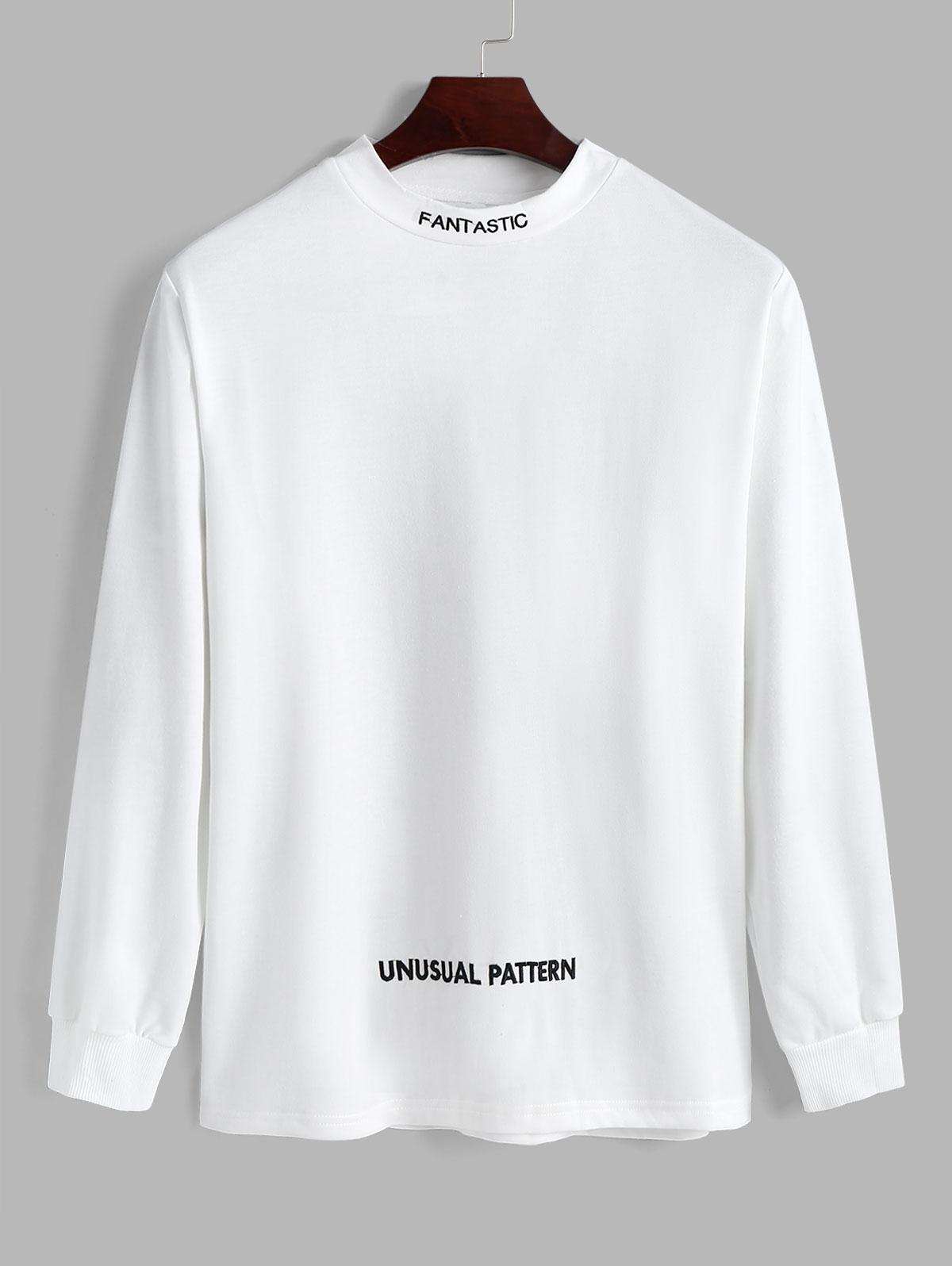 Solid Color Letter Embroidery Long Sleeve T-shirt Xxl White