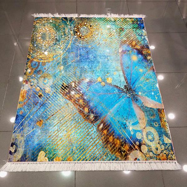 Carpets Else Big Blue Brown Butterfly Aging Vintage 3d Pattern Microfiber Anti Slip Back Washable Decorative Kilim Area Rug Carpet