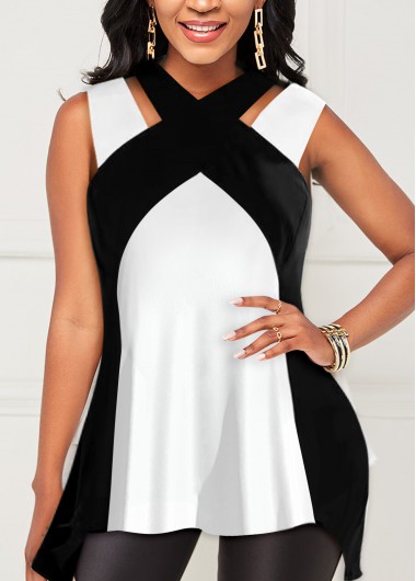 White Asymmetrical Neck Sleeveless Tank Top