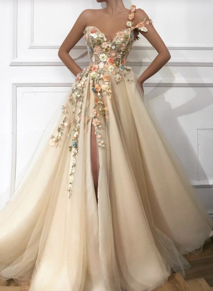 Elegant Prom Dress Long V-Neck Appliques with Flowers Handmade Side Split Tulle Evening Gowns Party Graduation vestido de festa