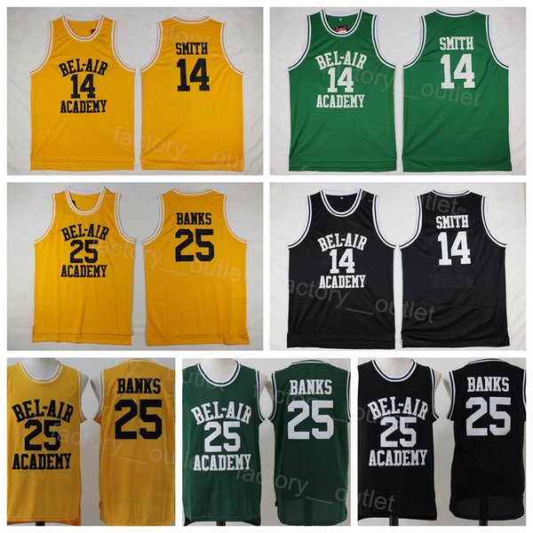 Men Movies OF The Fresh Prince Basketball 14 Will Smith Jersey 25 Carlton Banks OF BEL-AIR EL AIR Academy Yellow Shirt Black Green TV Sitcom Clothes Stitched Team Color