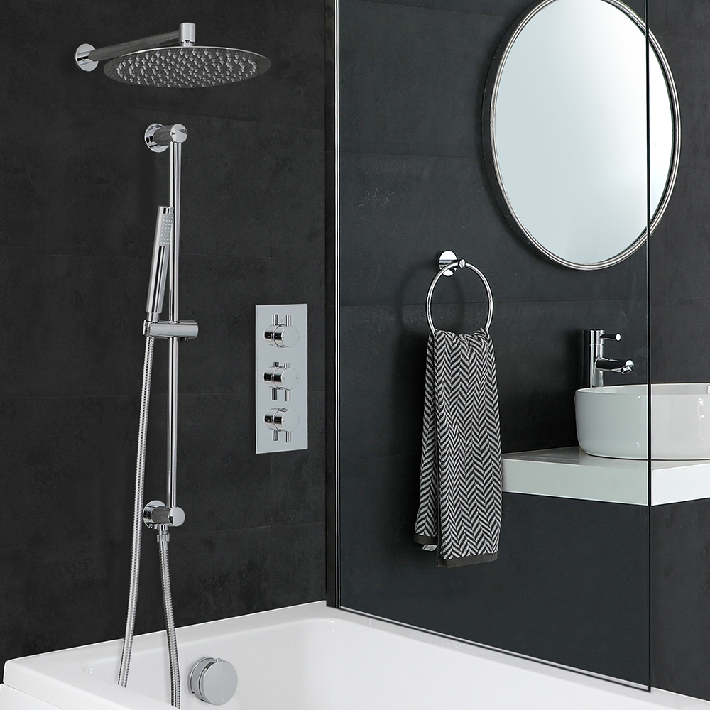 Conjunto de Ducha Cromado Moderno con Mezclador de Ducha Termostático Redondo Triple de 3 Funciones con Alcachofa de Ducha, Kit con Barra de Ducha Deslizante y Llenador de Bañera - Como