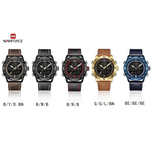 NAVIFORCE NF9144 Hombres Reloj Deportivo Moda Ejército Militar de Cuarzo Reloj de pulsera de Cuero Digital Relogio masculino con Caja de Regalo