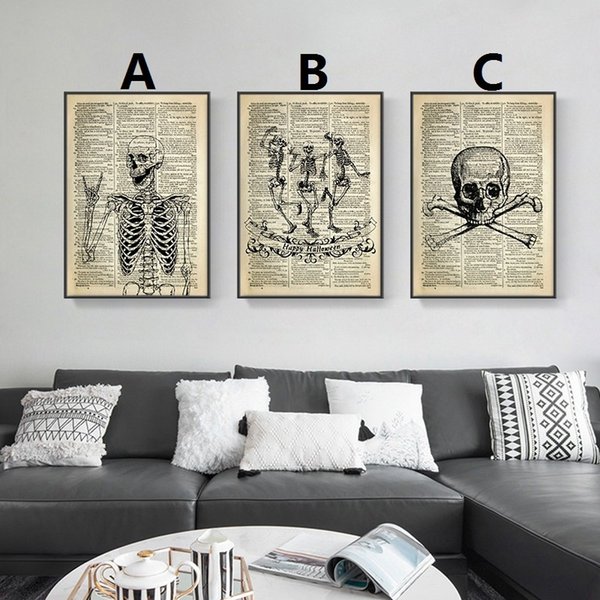 Unframed Painting Halloween Horror Skull Skeleton Print Newspaper Canvas Art Poster