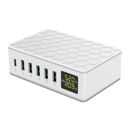Station de charge USB 6 ports 65 W QC3.0 Station de charge USB Multi ports Hub de charge USB-A avec affichage LED Chargeur de bureau compact pour plusieurs appareils