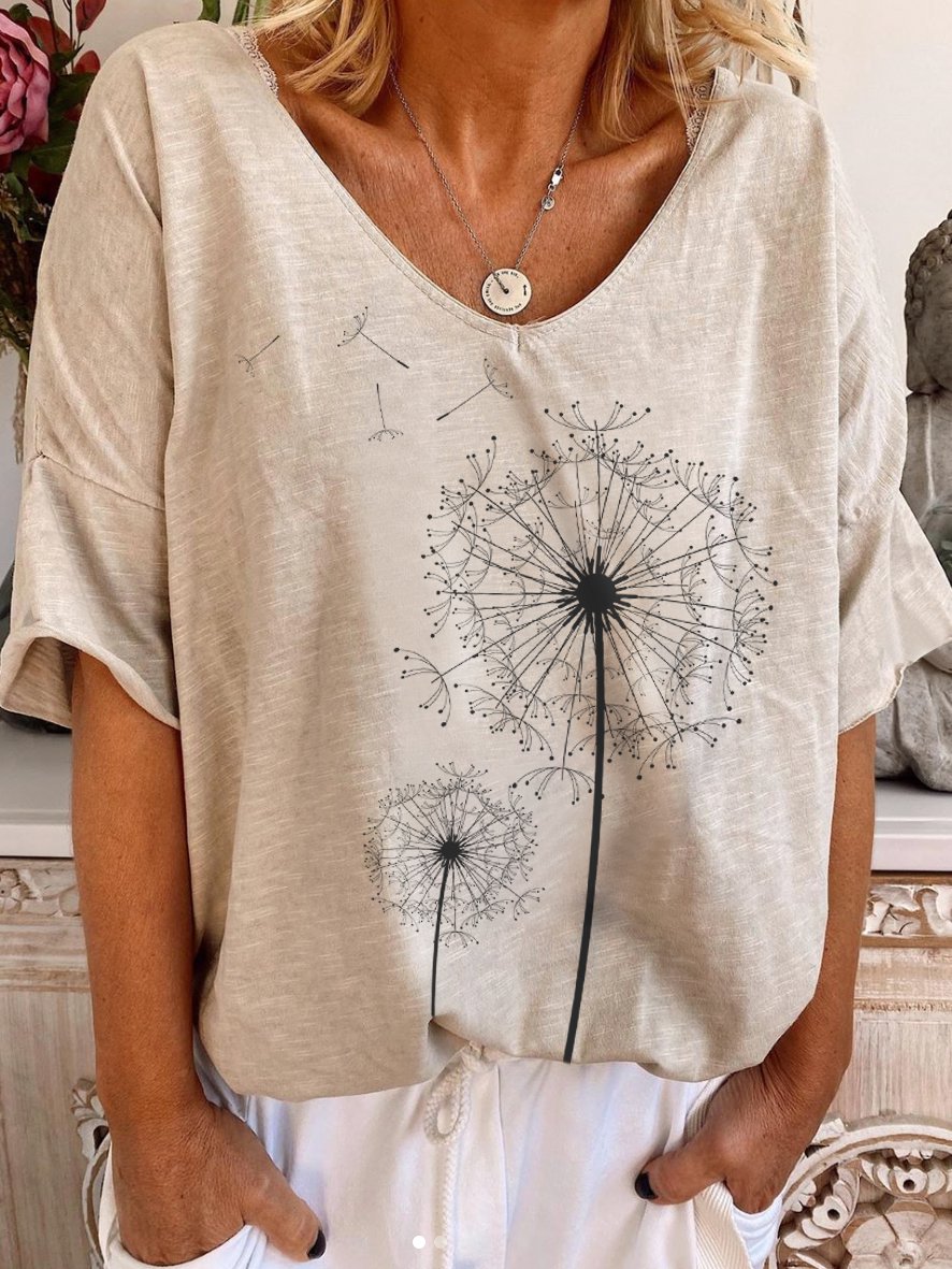 Beige Holiday V Neck Plants Shift T-Shirts - Noracora