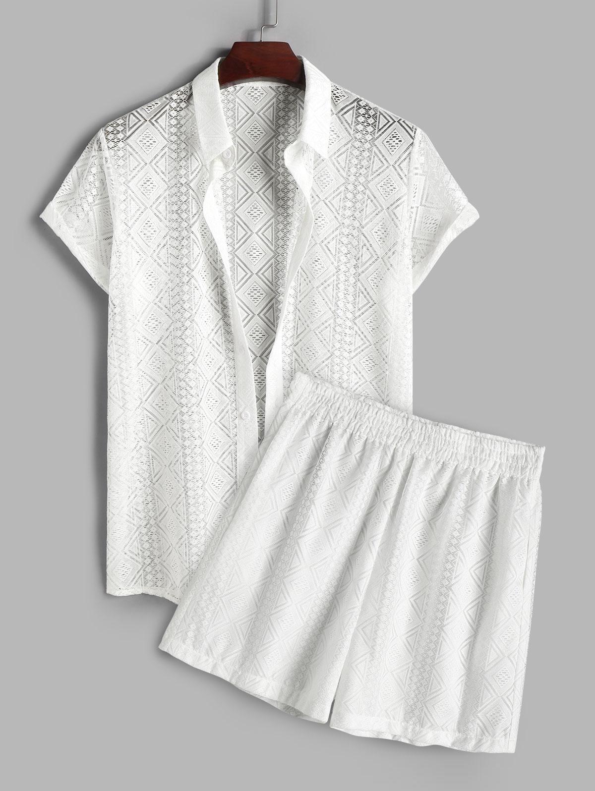 ZAFUL Men's Geometric Pattern Sheer Openwork Shorts and Shirt Two Piece Set Xl White