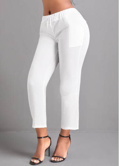 Pocket White Drawastring Mid Waisted Pants