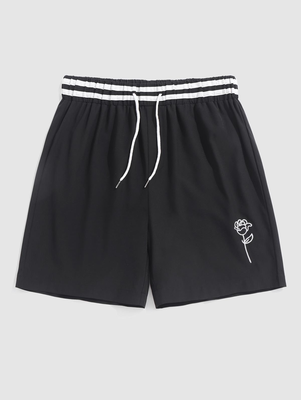 ZAFUL Striped Waist Rose Embroidered Casual Shorts S Black