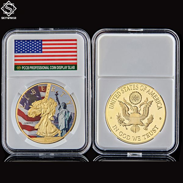 USA Statue Of Liberty Craft Washington Dc Great Seal United States Gold Plated In God We Trust Souvenir Coin W/pccb Box