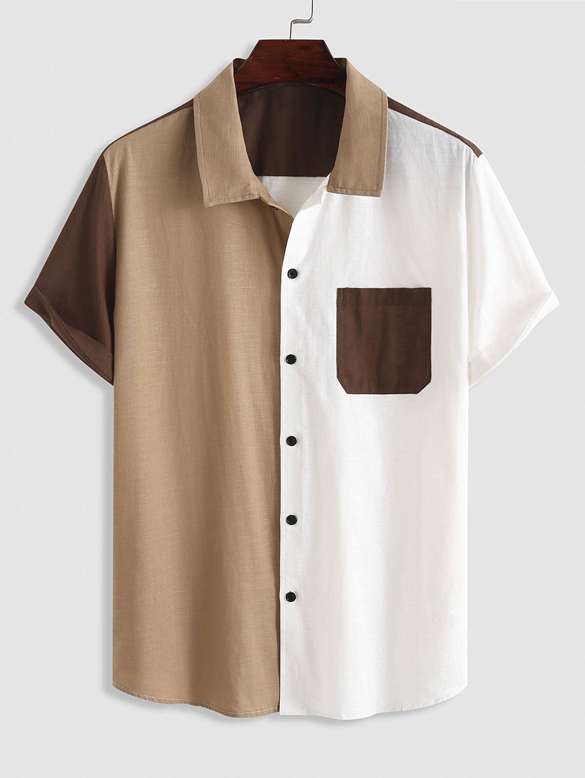 ZAFUL Men's ZAFUL Front Pocket Design Colorblock Short Sleeves Linen Shirt Xl Deep coffee