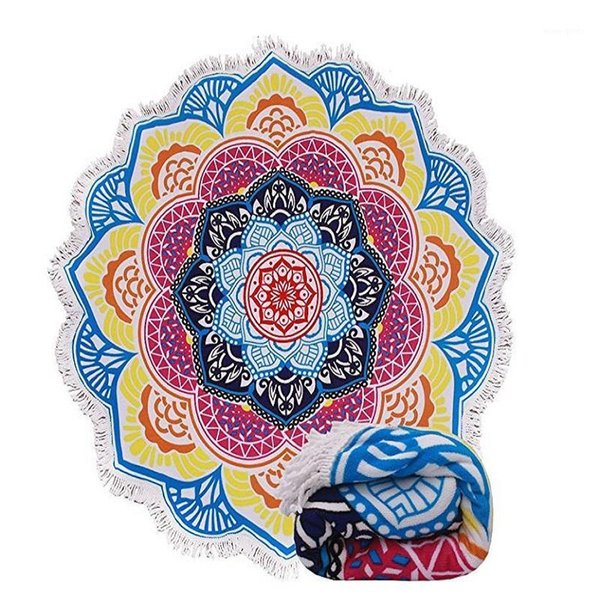 Microfiber Bath Towel With Tassel Mandala Lotus Printed Bohemian Beach Yoga Mat Round Cover Up Blanket Tapestry1