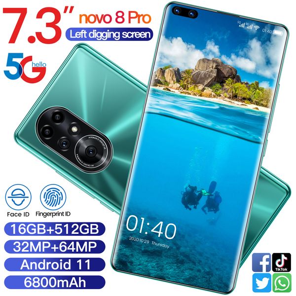NOVO8PRO Unlocked Original Android Phones Smartphone 7.3inch Cellphone Dual SIM Camera 4G Cell Mobile Smart Phone Fingerprint Face Unlock