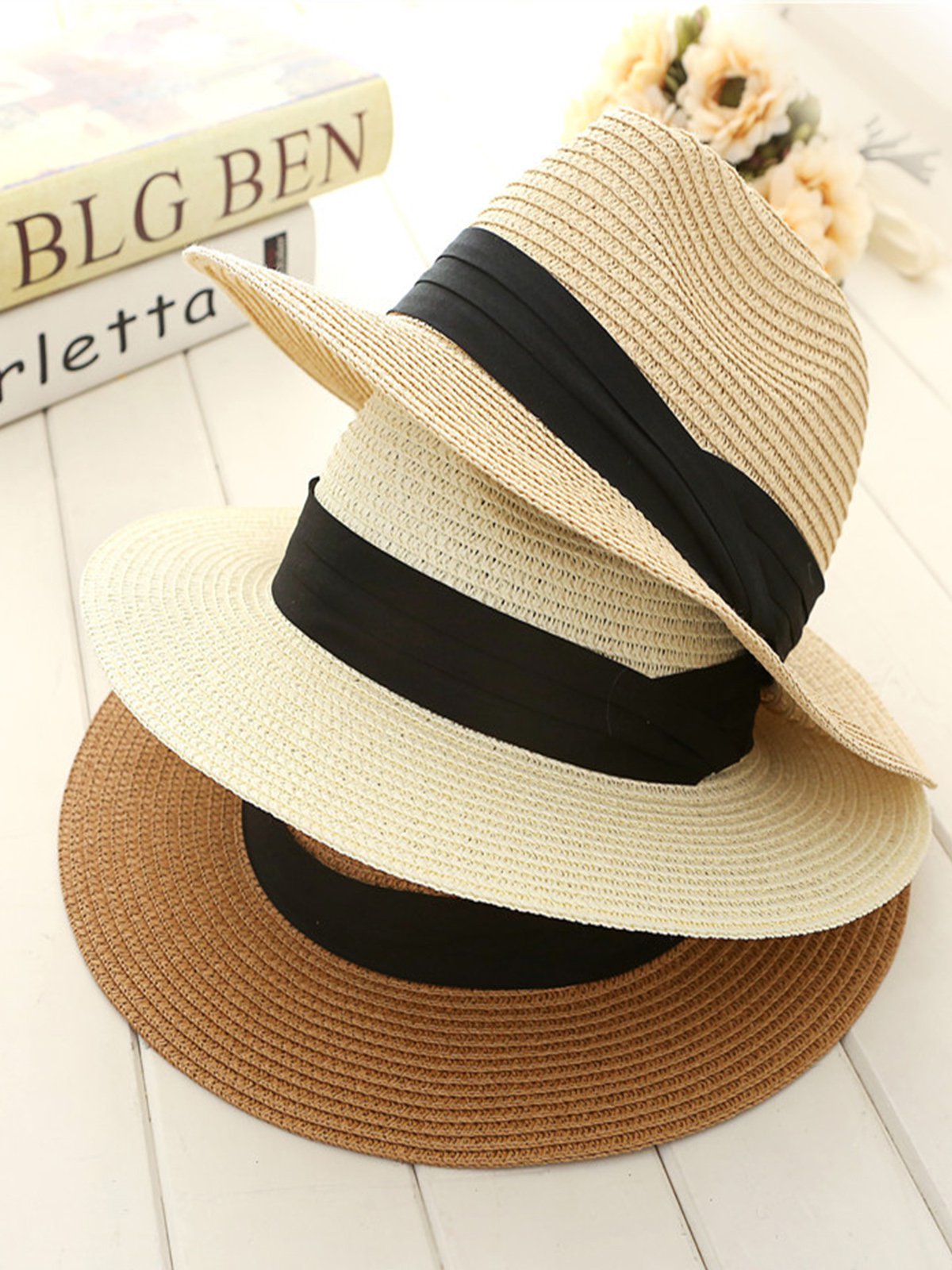 Vintage Plain Foldable Flat Eave Straw Wide Brim Holiday Casual Hats - Noracora