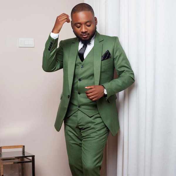 Olive Green 3 Pieces Mens Suits Notched Lapel Male Tuxedos For Wedding Blazers Slim Fit Groom Wear Black Men One Button Prom Jackets Vest With Pants