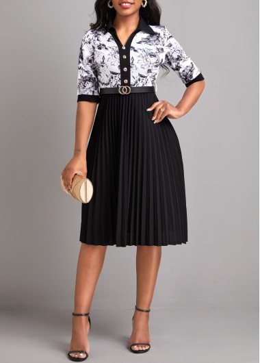 ROTITA Pleated Floral Print Black Belted Shirt Collar Dress