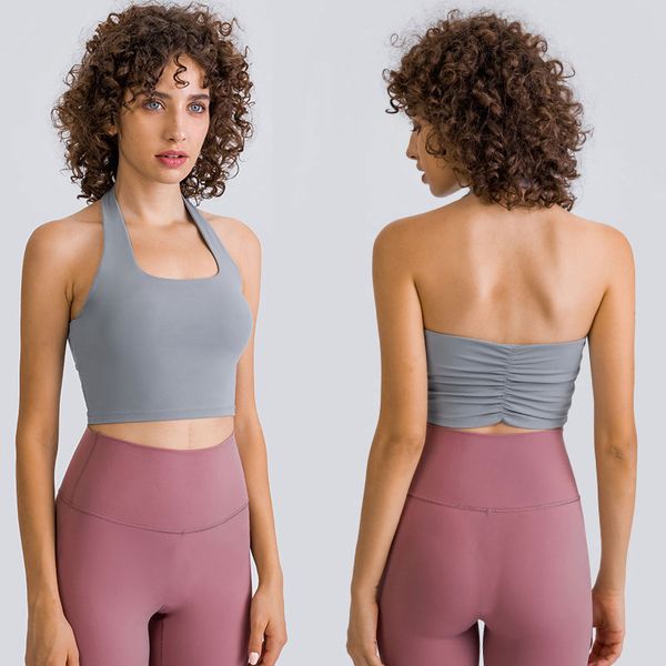 L146 Women Fashion Sexy Sports Bra Yoga Tank Tops Hangs Neck Fit Tank Back Fabric Folds Underwear Vest Feels Buttery-Soft Top with Removable Cups