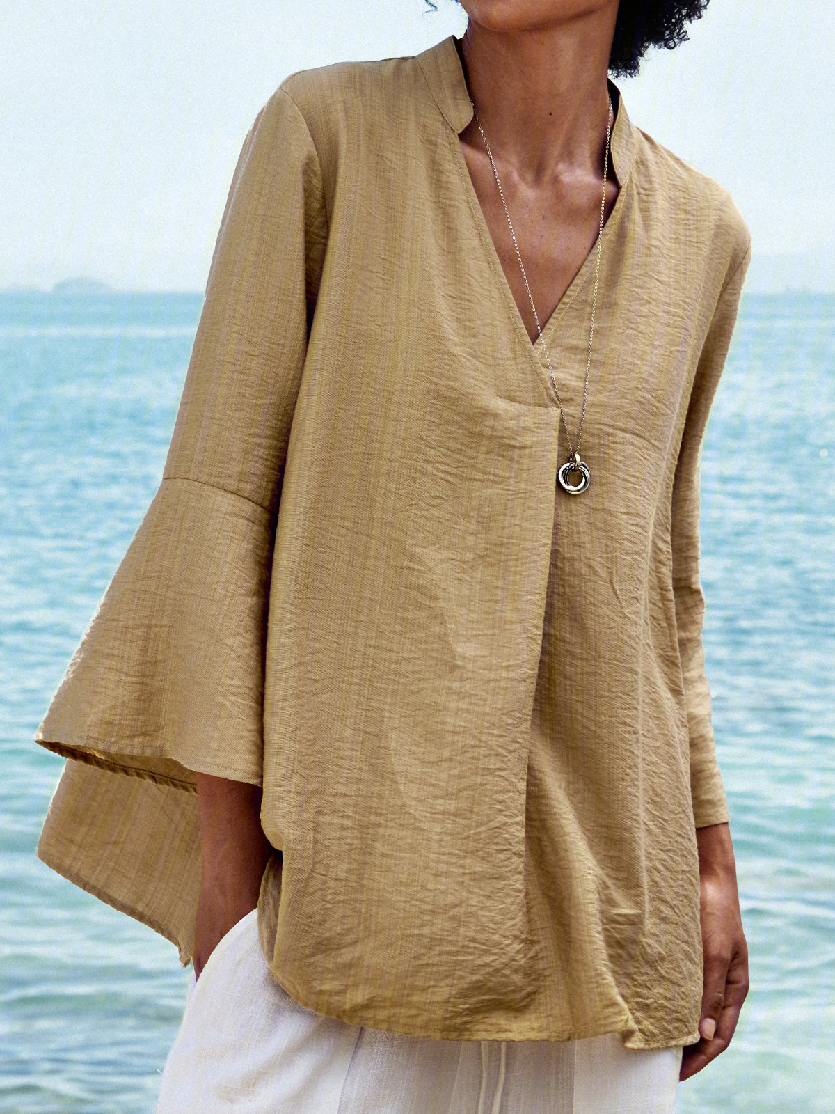 Yellow Solid 3/4 Sleeve Causal Tops - Noracora