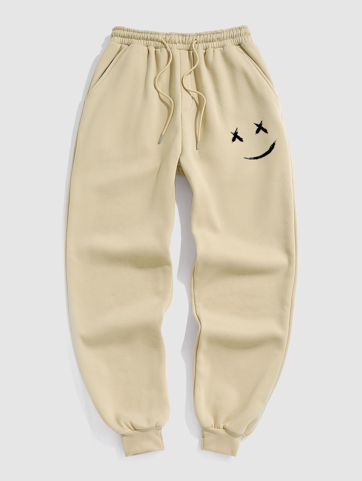 ZAFUL Men's Smile Face Pattern Warmth Fleece-lined Jogger Pants Xxl Light coffee