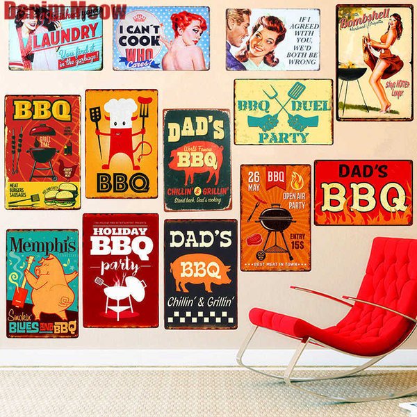 DAD'S BBQ Best Meat Retro Plaque Wall Decor for Pub Kitchen Home Grill Menu Vintage Metal Signs Grill Time Poster Plaque N075