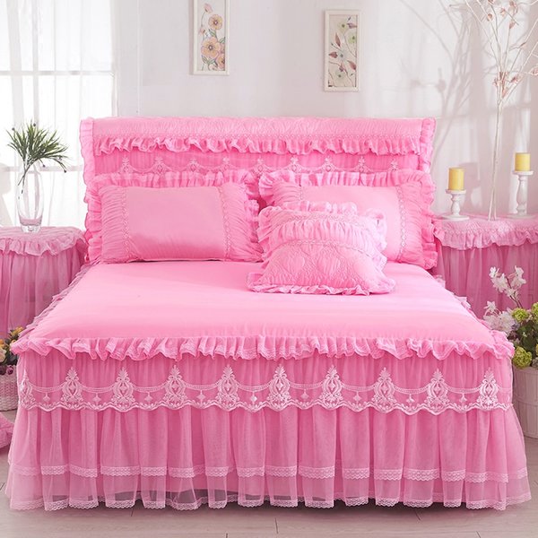 Princess 1Pc Lace Bed Skirt +2Pcs Pillowcases Bedding Bedspreads Sheet Pink Cover Set Quilted Ruffles Bedskirt Pillow Shams Bedding New