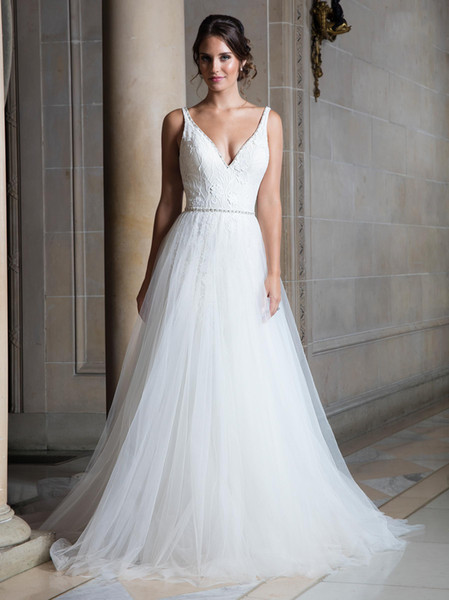 Beauty White/Ivory V-Neck Applique Beads A-Line Wedding Dresses Bridal Pageant Dresses Wedding Attire Dresses Custom Size 2-16 KF1014141