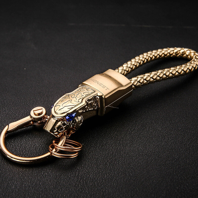 Rhinestone Car Key Ring Holder Leopard Head Leather Keychain