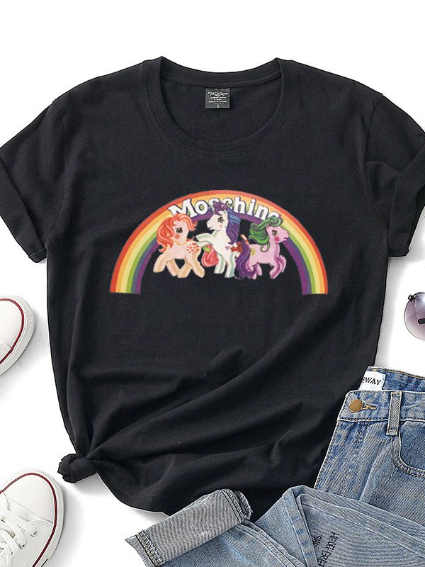 Casual Crew Neck Short Sleeve Printed T-Shirts - Noracora