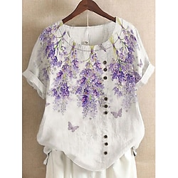 Women's Shirt Blouse White Yellow Light Green Floral Print Short Sleeve Casual Holiday Basic Round Neck Regular Floral S miniinthebox