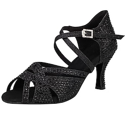 Women's Latin Shoes Performance Training Practice Sequins Heel Sneaker Crystals Flared Heel Peep Toe Cross Strap Silver Black Lightinthebox