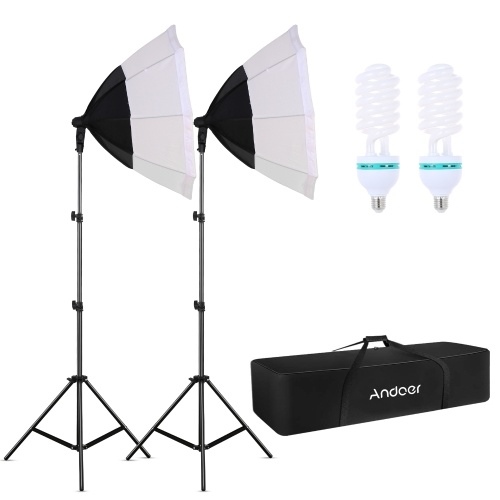 Andoer Professional Studio Photographie Octogone Softbox Kit d'éclairage LED avec grande boîte à lumière octogonale * 2 + 135W Ampoule LED 5500K * 2 + 2M Support de lumière * 2 + Sac de transport * 1 pour Studio Portrait Produit Mariage Photo Vidéo Live S