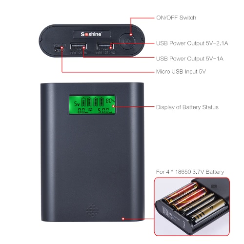 Soshine E3S Portable LCD Display 4 Slots 18650 Battery External Charger Holder Box Case DIY Power Pack Kit Compact Backup Power Source with Dual-USB Port - White