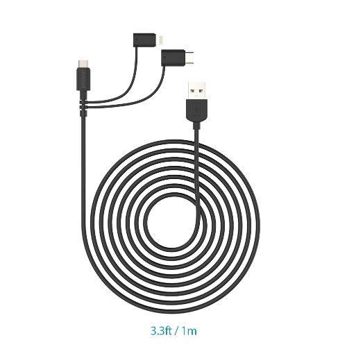dodocool MFi Certified 3.3 pies / 1m 3-en-1 TPE Micro USB a USB 2.0 Cable con Lightning y adaptador USB-C Carga y sincronización para iPhone X / 8 Plus / 8/7/7 Plus / 6s Plus / LG G5 / HTC 10 / Lumia 950XL / Nexus 5X / Samsung S6 y más negro