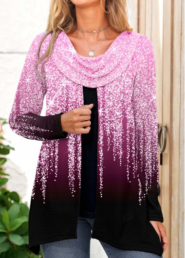 Pink Shinning Print Draped Neck Plus Size Sweatshirt
