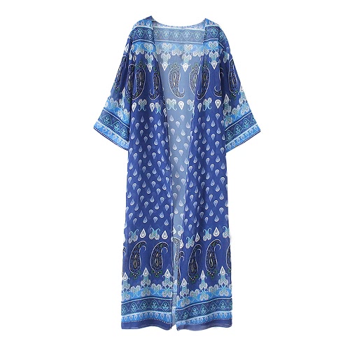Women Long Print Chiffon Beach Cover Ups Split Hem Open Front Three Quarter Sleeves Bikini Cover Kimono Beachwear